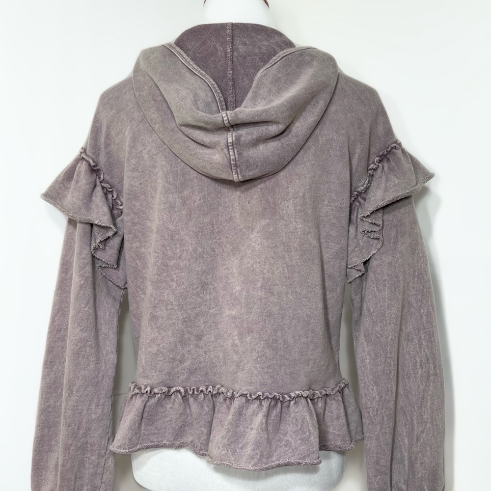 SOLD-Anthropologie Ruffled Mineral Wash Pullover Hooded Peplum Sweatshirt - Picture 4 of 8